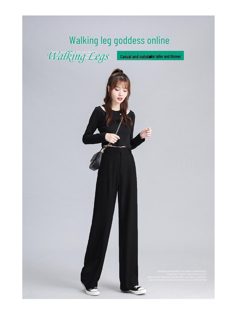 Pear-Shaped Slimming High-Waist Petite Black Straight-Leg Casual Pants for Women