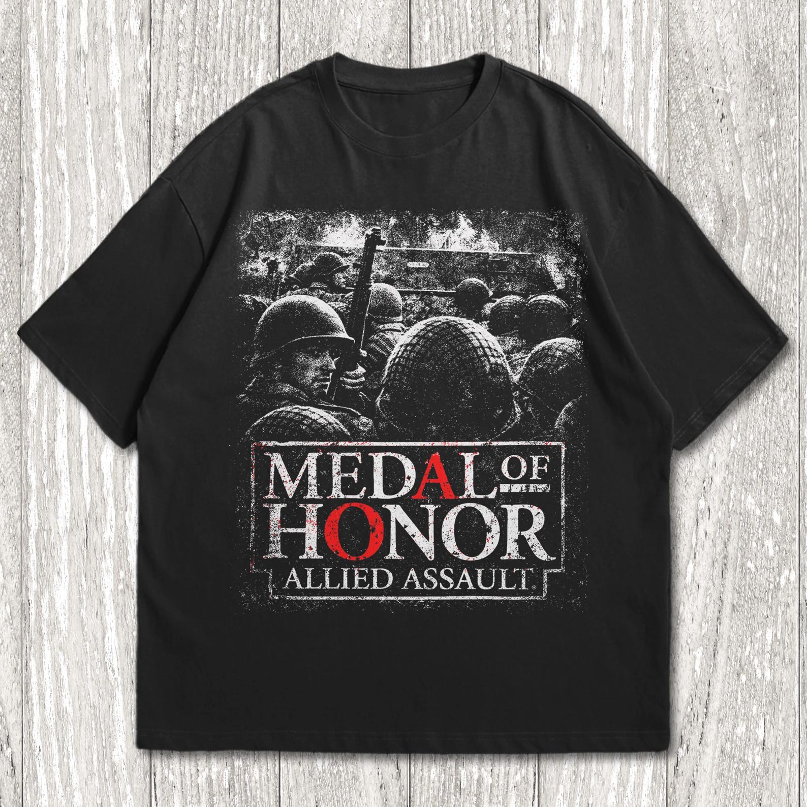 Allied Assault Vintage Graphic Tee | Retro WW2 Combat Soldier T-Shirt | Classic European Theater FPS Gamer Merch, Y2K Grunge Military Tee M