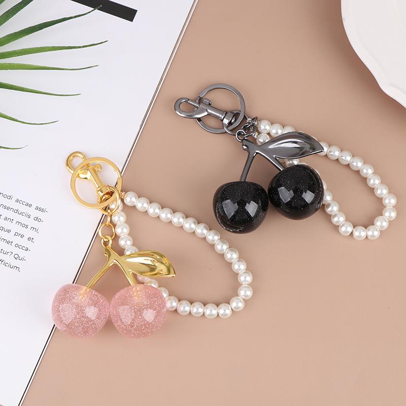 Šik klíčenka s černou/červenou třešní s třpytivým pryskyřičným přívěskem, ozdoba na dámskou kabelku, klíčenka, DIY doplňky