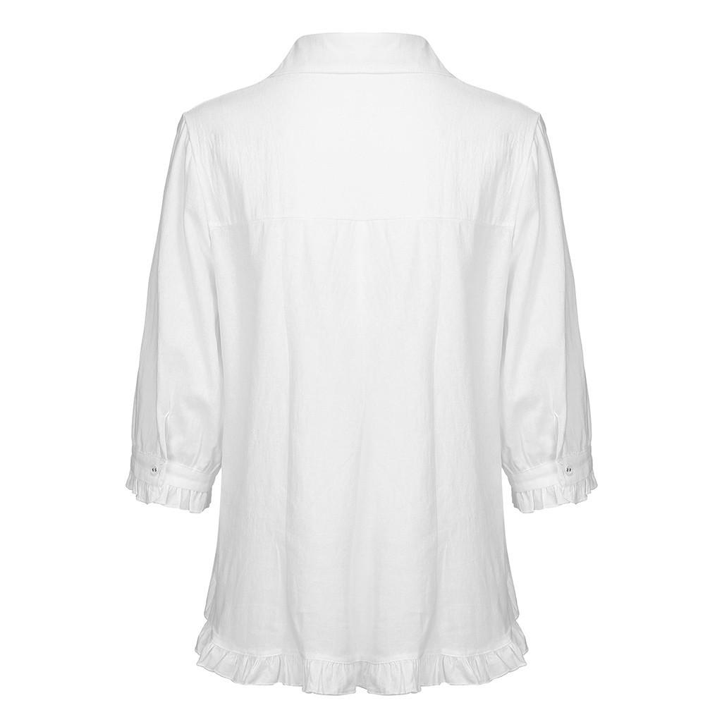 Damen Baumwolle und Leinen Spitze Einfarbig Knopfleiste Oberteil Saum Kurzarm