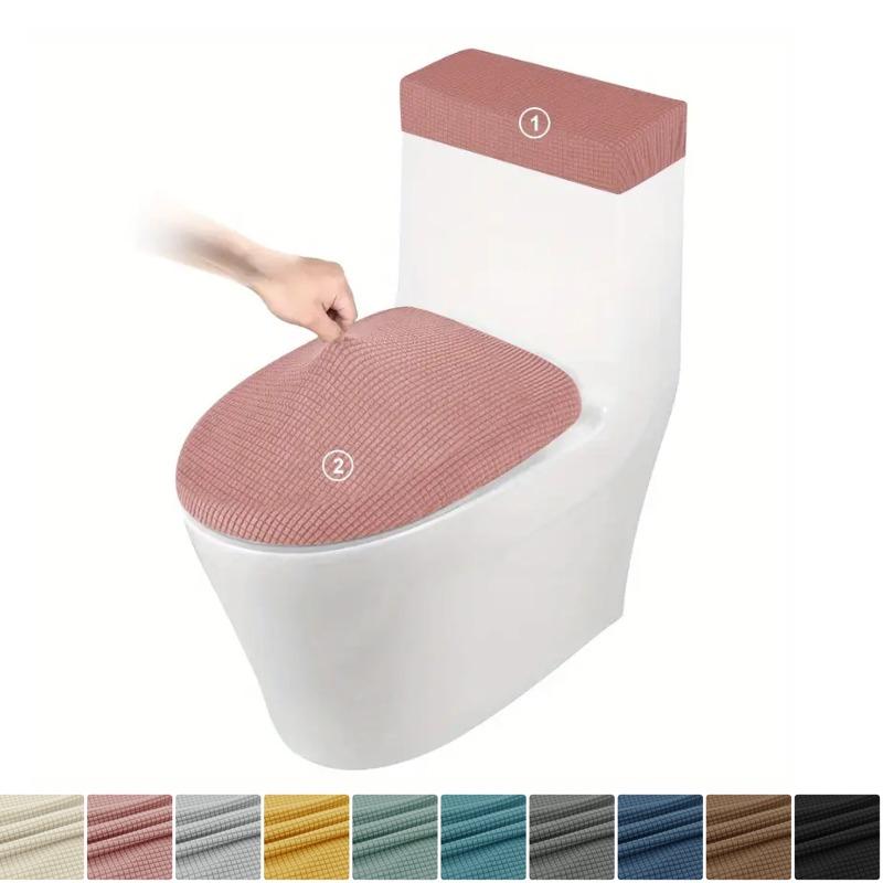 2Pcs/Set FleeceToilet Seat Cover Elastic Solid Color Toilet Lid and Tank Covers Toilet Cushion Pad Protector Case for Home Hotel