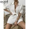 QICED Damen Frühling und Sommer Mode Einfarbig Langarmhemd Anzug Damen Lässig Locker Shorts Zweiteiliges Set