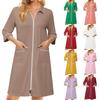Women's Casual Zip-Up Robe 3/4 Sleeve Knee Length Lightweight Bathrobe with Pockets for Home Loungewear