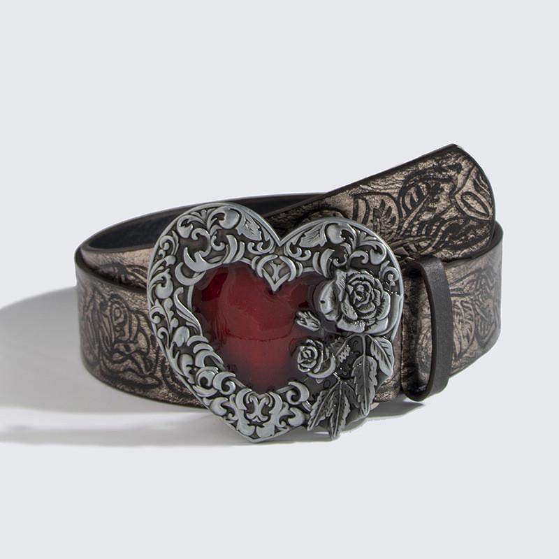 Retro Vintage Highend Handmade Heart Buckle Flower Leather Belt For Women