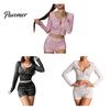 Long Sleeve Pajama Top Women Sexy Lace Trim Floral Set, V Neck Cozy Party Outfit And High Waist Shorts, Two Piece Sleepwear for Home Leisure