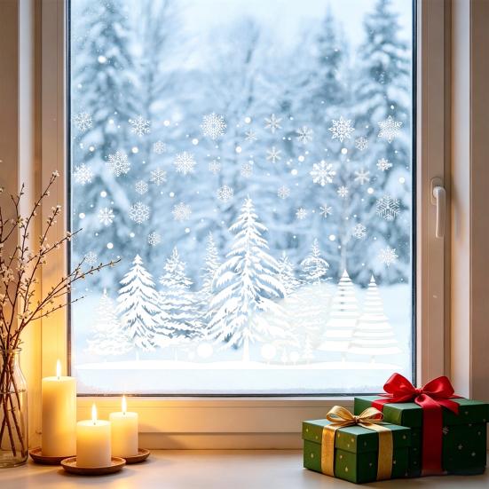DIY Snow Scene Wall Art White Winter Forest Window Static Sticker, Waterproof PVC Holiday Home Decor Accessories Decal, Silhouette for Decorative