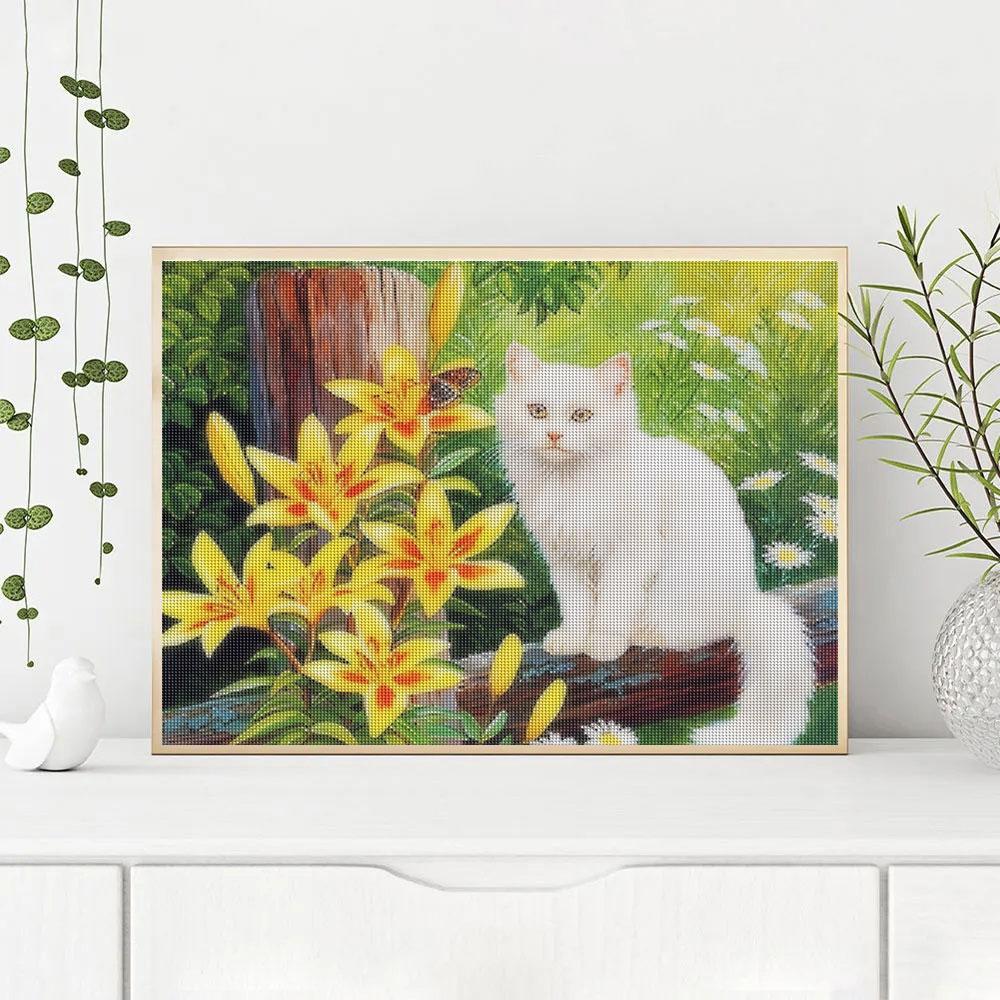 5D Diamond Painting For Adults Cat Flower Mosaic Diamond Embroidery Animal Picture Of Rhinestone Handmade Home Decor 30x40cm/12x16inch