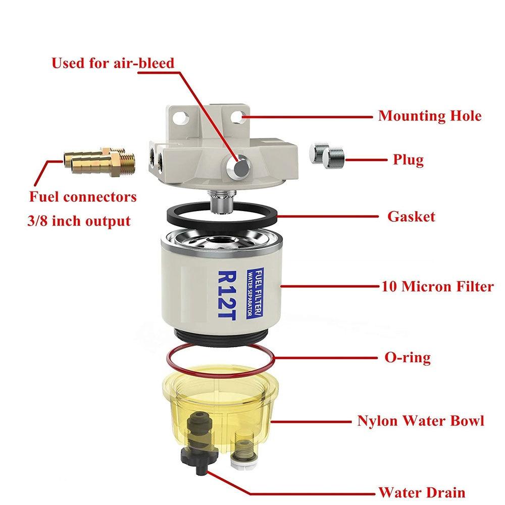 R12T Fuel Filter Water Separator Complete Kit - Marine SPIN-ON R12T Filter Replaces S3240 120AT NPT ZG1/4-19 Fit 3/8 Inch NPT Fuel Filters5