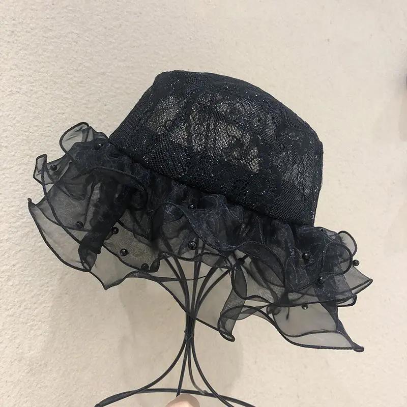 WTEMPO Solid Color Elegant Lace Patchwork Bucket Hats Large Brim Summer Mesh Gauze Wavy Flat-top Pearls Sun Hats