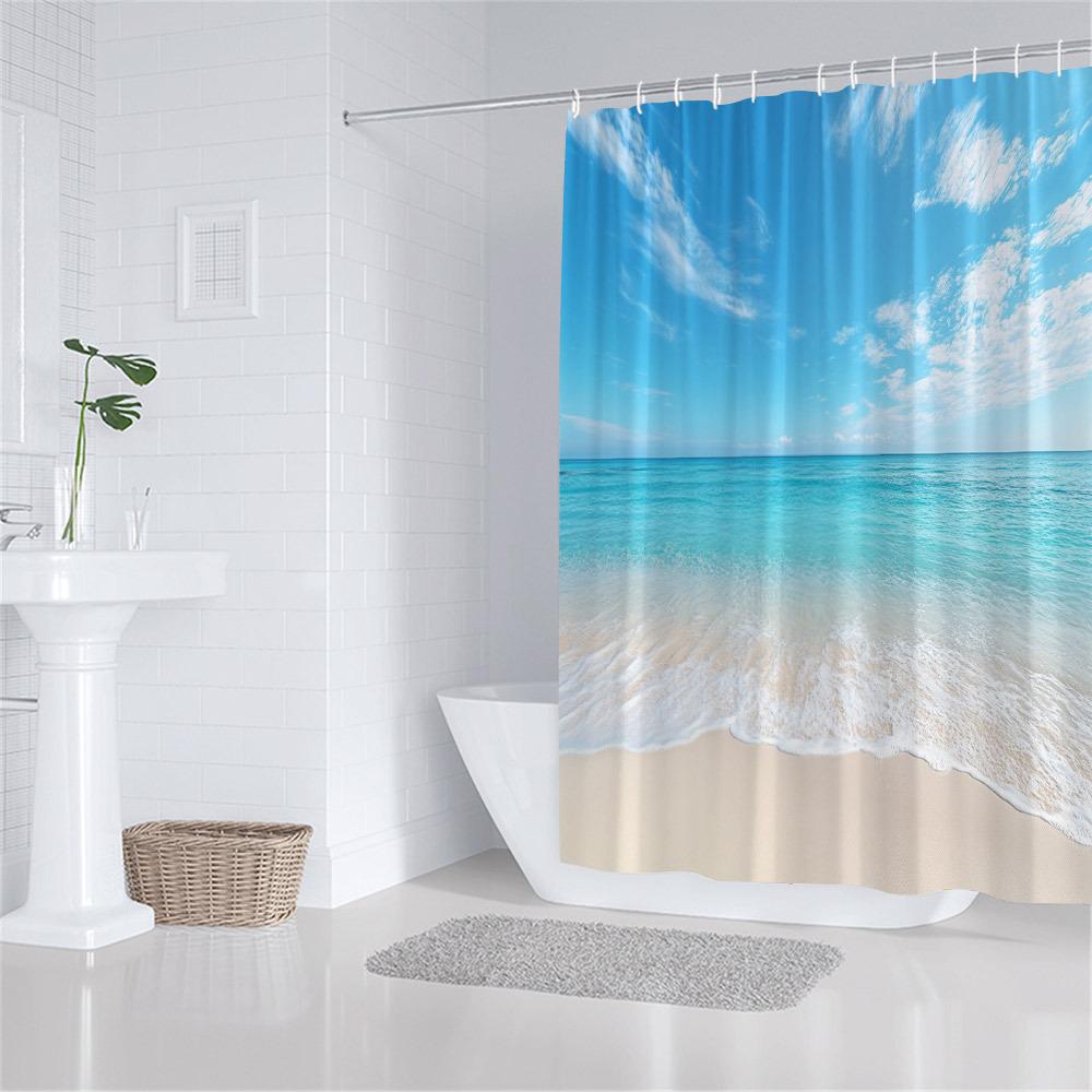 Waterproof Shower Curtain with a Serene Beach Scene Bringing the Calmness of Ocean Waves and Blue Skies to Your Bathroom