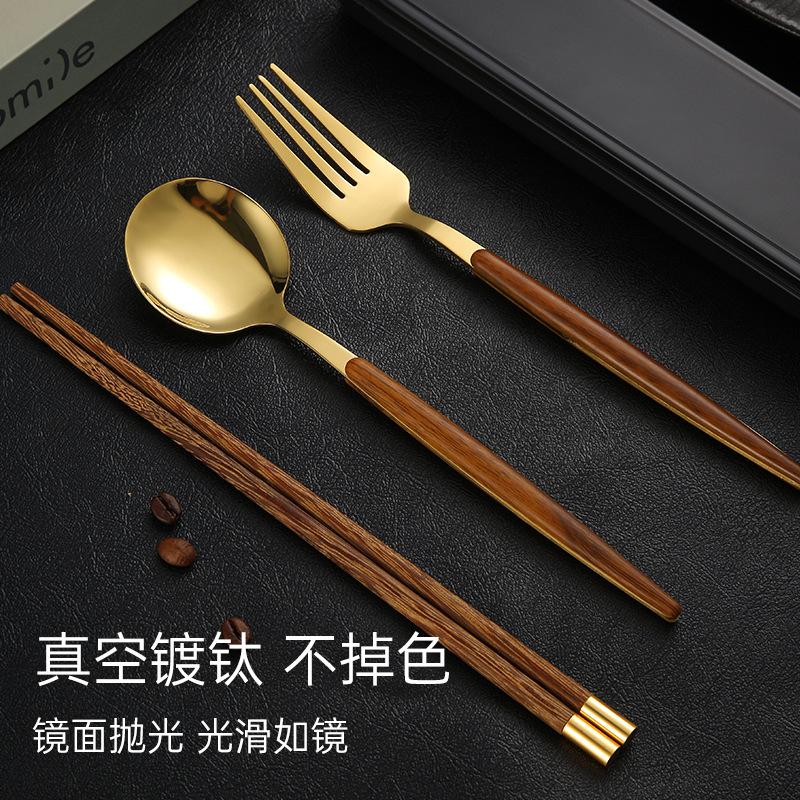 Chopsticks spoon set, one chopstick per person, portable tableware, student storage box, fork, single wooden chopsticks three-piece set