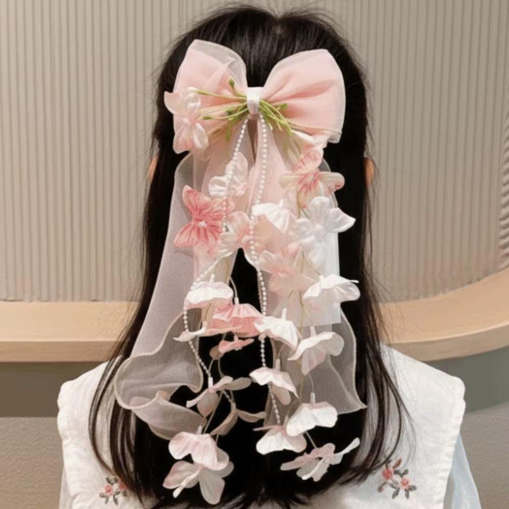 Sheer Ribbon Hair Bow Clip Flower Vine Tassels Ribbon Hair Clip Fashion Bow Hair Clip Gifts
