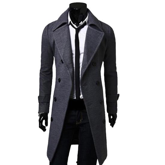Long Trench Coat Double-breasted Solid Color Autumn Winter Windproof Thick Jacket for Daily Wear