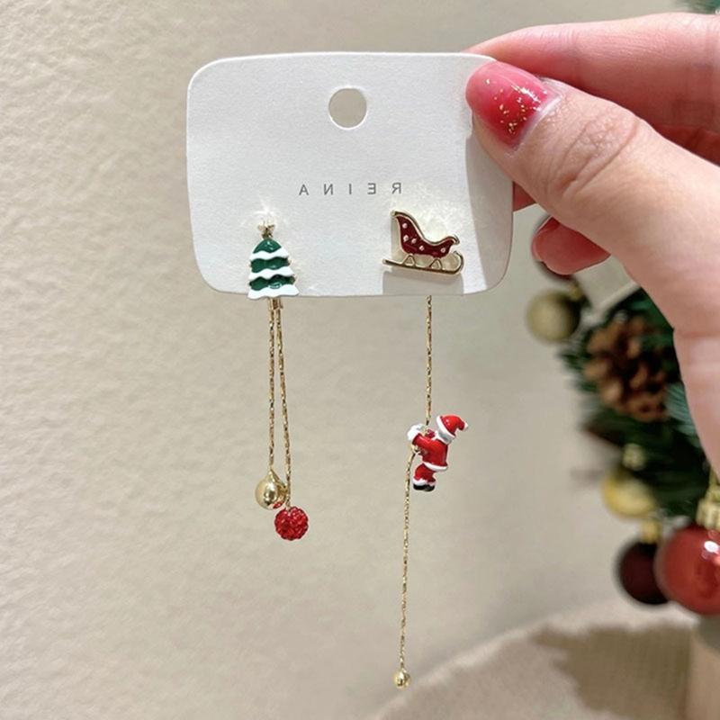 Asymmetric Earrings Santa Claus Dangle Earrings Long Tassel Berry-Pendant Stud Earring for Women Girl Christmas-Decor