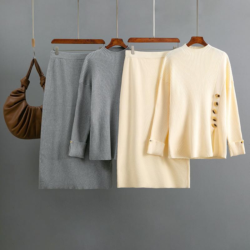 Fashion Set Women's Autumn Winter Side Split Button Decoration Sweater Half Skirt Two Piece Set