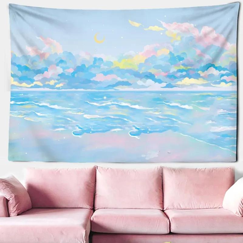 Pink Galaxy Moon Star Tapestry, Bohemian Cloud Wall Hanging for Room Decor, Living Room Bedroom Dorm