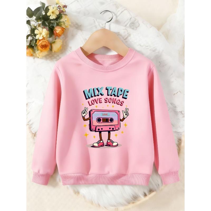 Unisex Kids Crewneck Sweatshirt, Retro Mix Tape Love Songs Cartoon Cassette Print Pullover, Boys Girls Vintage Sweatshirt For Kids Over 4 Years Old
