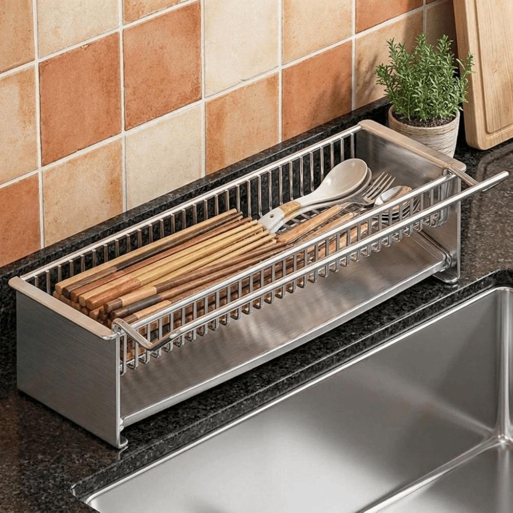 Edelstahl Essstäbchen Aufbewahrungsständer Automatischer Wasserablauf Große Kapazität Spülbecken Abtropfgestell Platzsparend Löffel Aufbewahrungsbox