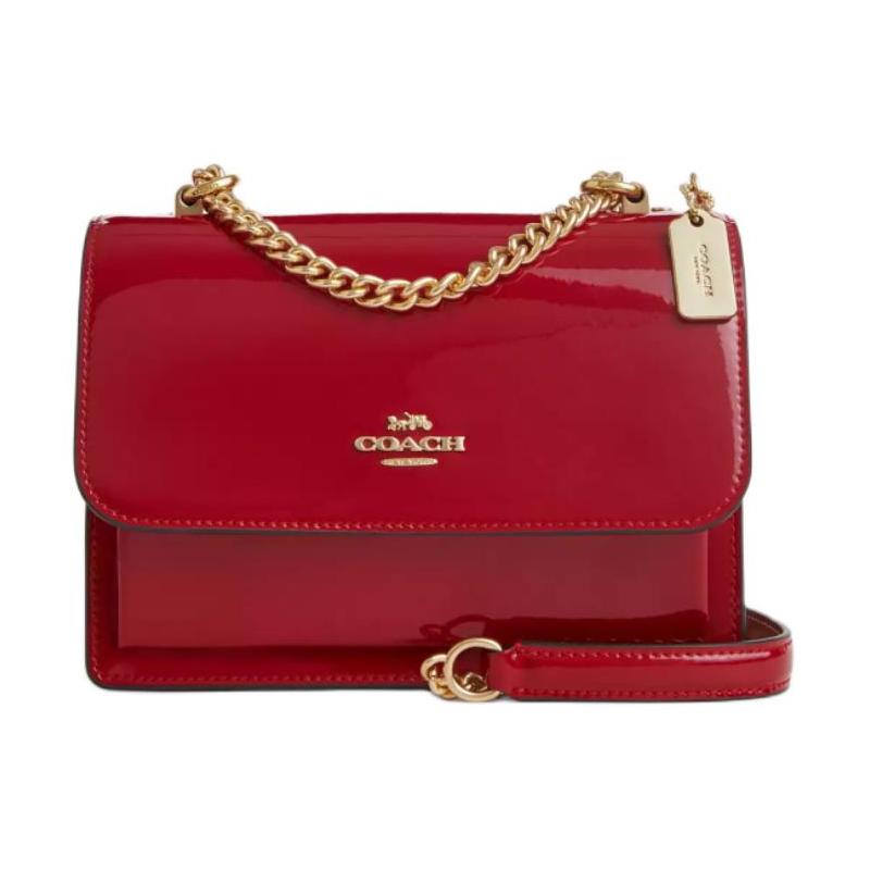 Coach Klare 18 Branded Logo Flap Snap Closure Patent and Leather Crossbody Shoulder Bag Small Women's Gold and Red