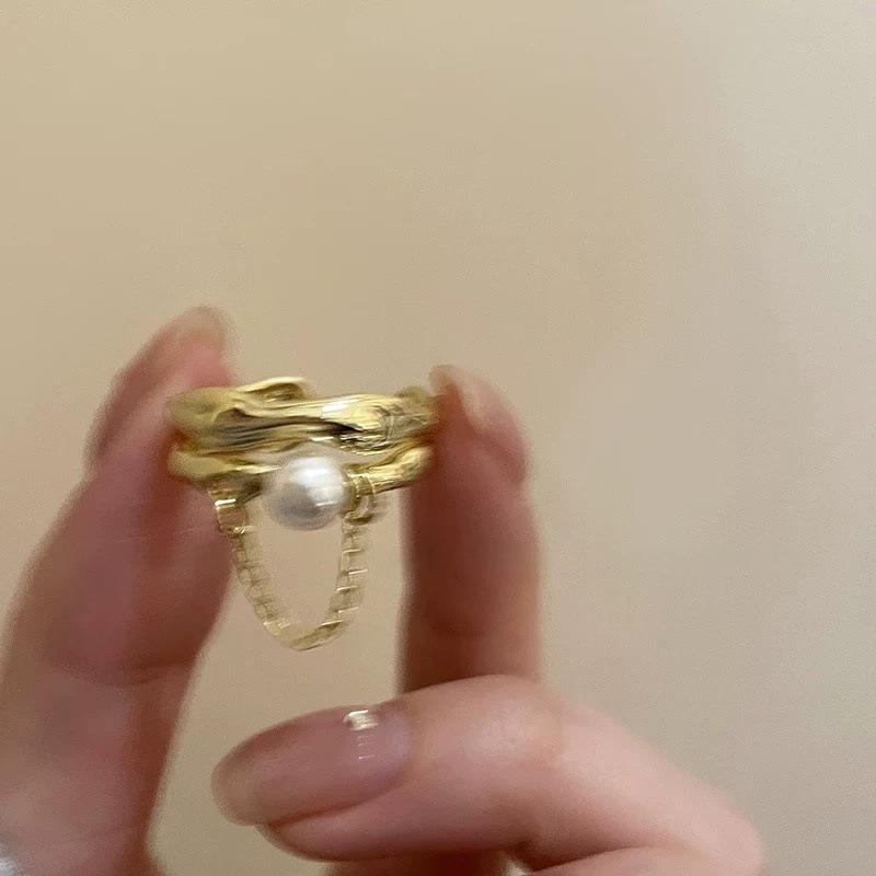 Double-Layer Pearl Chain Tassel Fashion Metal Ring for Women Exaggerated Gold Silver Color Geometric Finger Ring  Gifts
