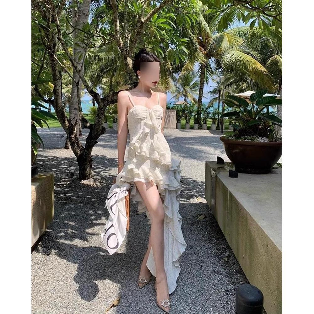 Small floral suspender skirt women's dress summer girl design sense irregular stacking long skirt sweet spice girl lotus leaf edge