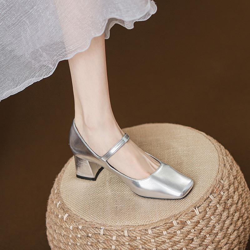 Silver thick heel Mary Jane shoes female French square head temperament high heels fairy style word belt single shoes spring new