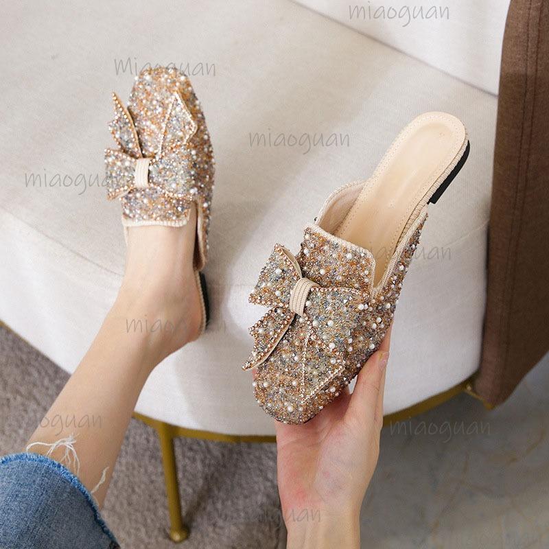 Size 34-43 Rhinestone Beaded Women's Mules Cover Toe Trendy Slides Slip-on Woman Shoes  De Mujer Spring Summer Footwear