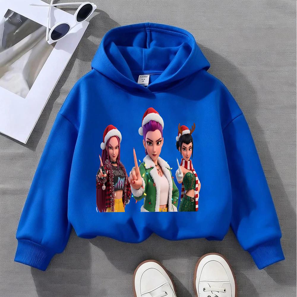 

Праздничное рождественское детское худи с крутыми мультяшными персонажами в шапках Санты и дизайном с рождественскими огнями для праздничного веселья 100