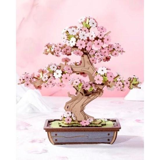 ROBOTIME 3D Wooden Puzzle Cherry Blossom Bonsai Evergreen Pine Assembly DIY Craft Plant Collection Architectural Model Japanese Interior Kit Hobby Toy