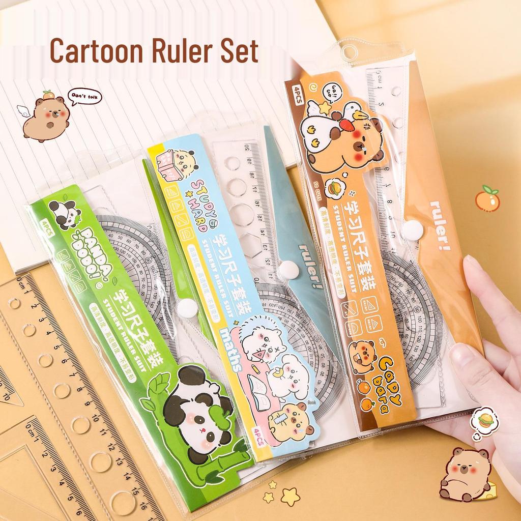 Capybara Cartoon Ruler Set: 4-Piece School Set with Protractor, Set Square, and Straight Ruler for Kids