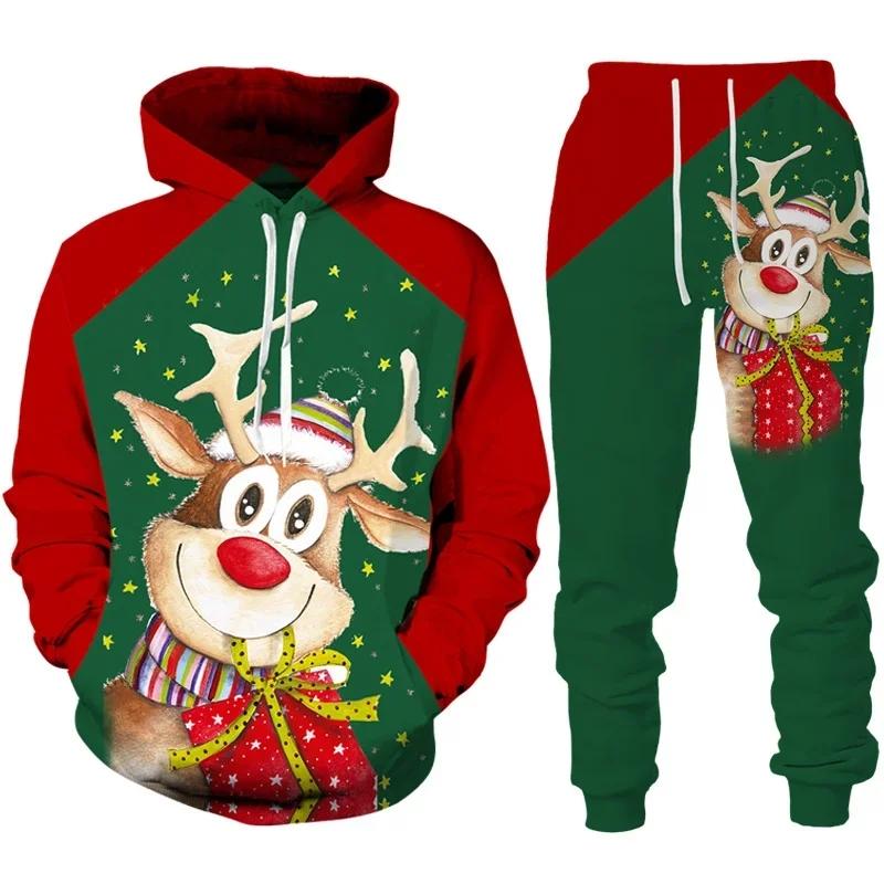 3D Print Hoodies Suit Christmas Santa Claus Man Woman Tracksuit Pants 2pcs Sets New Year Holiday Party Casual Pullover Oversized