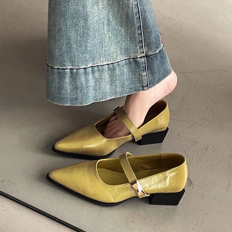 Temperament Mary Jane Single Shoes Women's Heightening Soft Leather Retro Shallow Mouth Pointed Head One-word Buckle Not Tired Feet High Heels