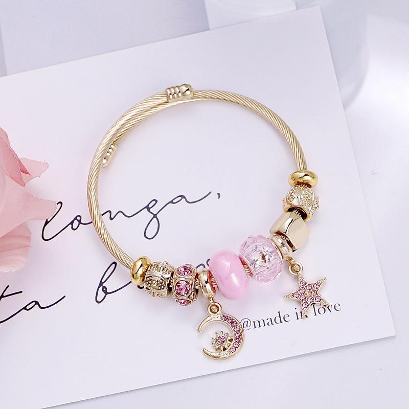 Four Leaf Clover Beaded Bracelet with Moon and Star Pendant Stainless Steel Jewelry for Women