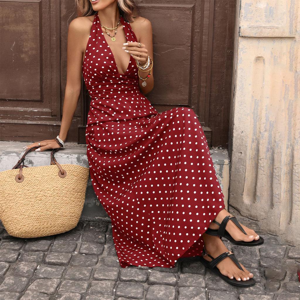 Women Neck V Neck Polka Dot Print Maxi Dress Sleeveless Fitted Summer Vacation Retro Style Casual Sundress