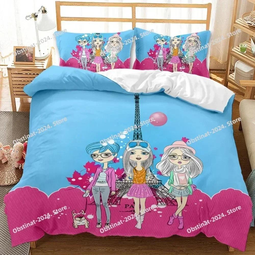 3D Fashion Cartoon Girl Scenery Bedding Set Modern Printed Comforter Quilt Duvet Cover Pillow Case 3 Pieces Sets Kids Adult Size