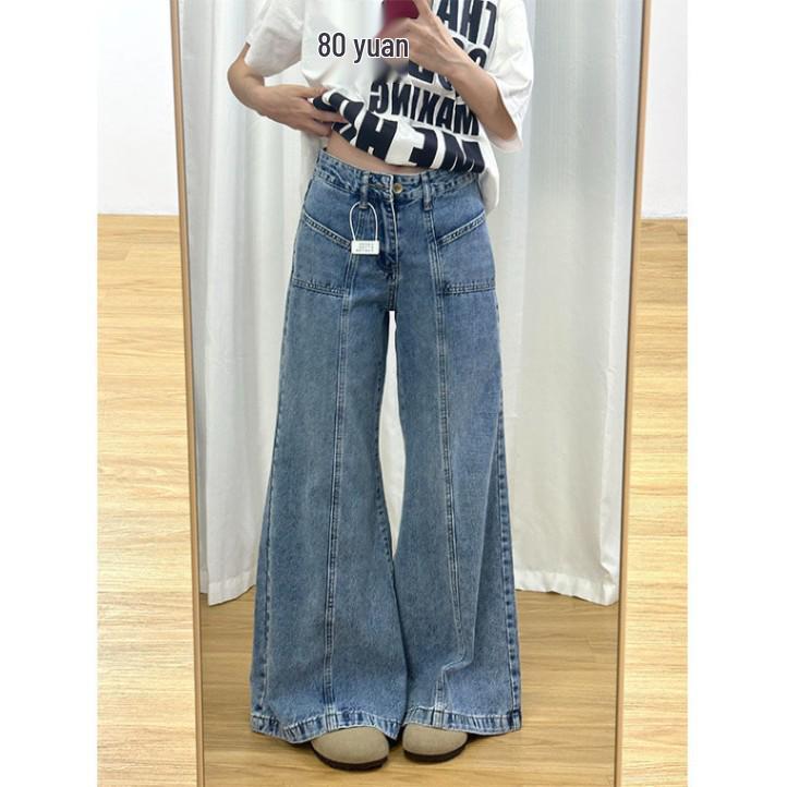 

Винтажные джинсы клеш с высокой посадкой, облегающие, из выбеленного денима для женщин - Осенняя коллекция 2025 L синий