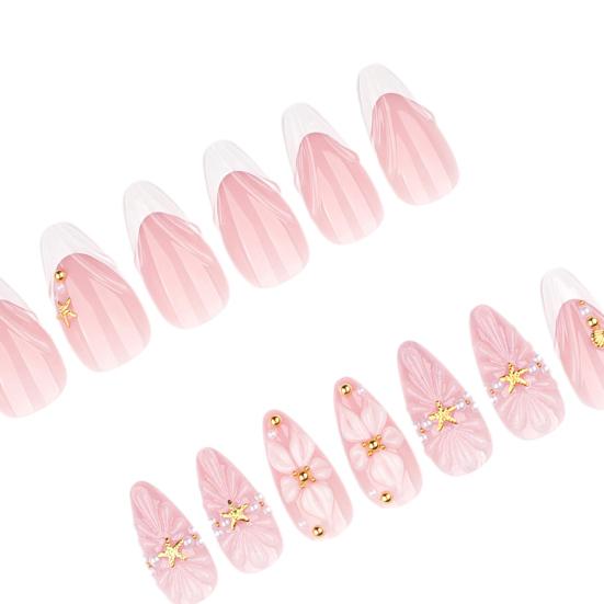 24 Pcs 3d Shell Starfish Press on Nails Ocean Long Stick-On Fake Nails Almond French