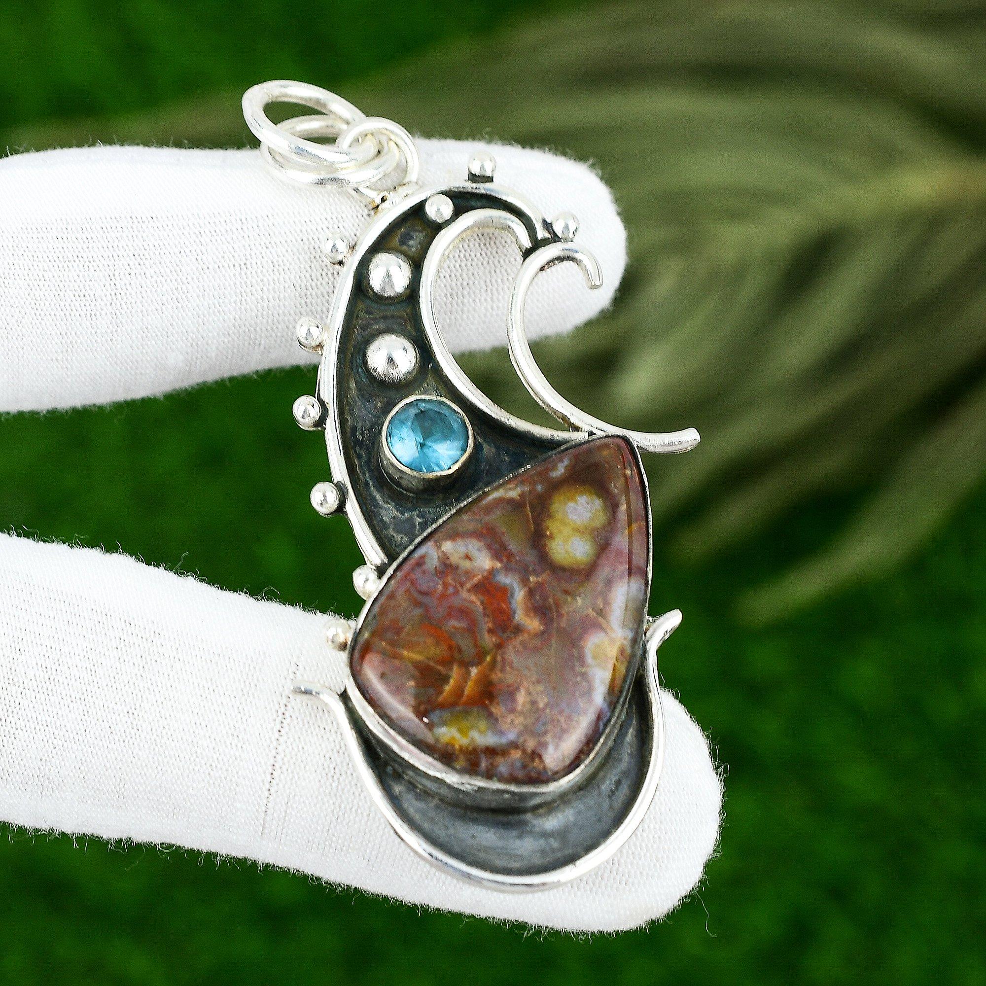 Pear Seame Agate Gemstone Blue Topaz Birthday Ethnic Pendant 925 Sterling Silver