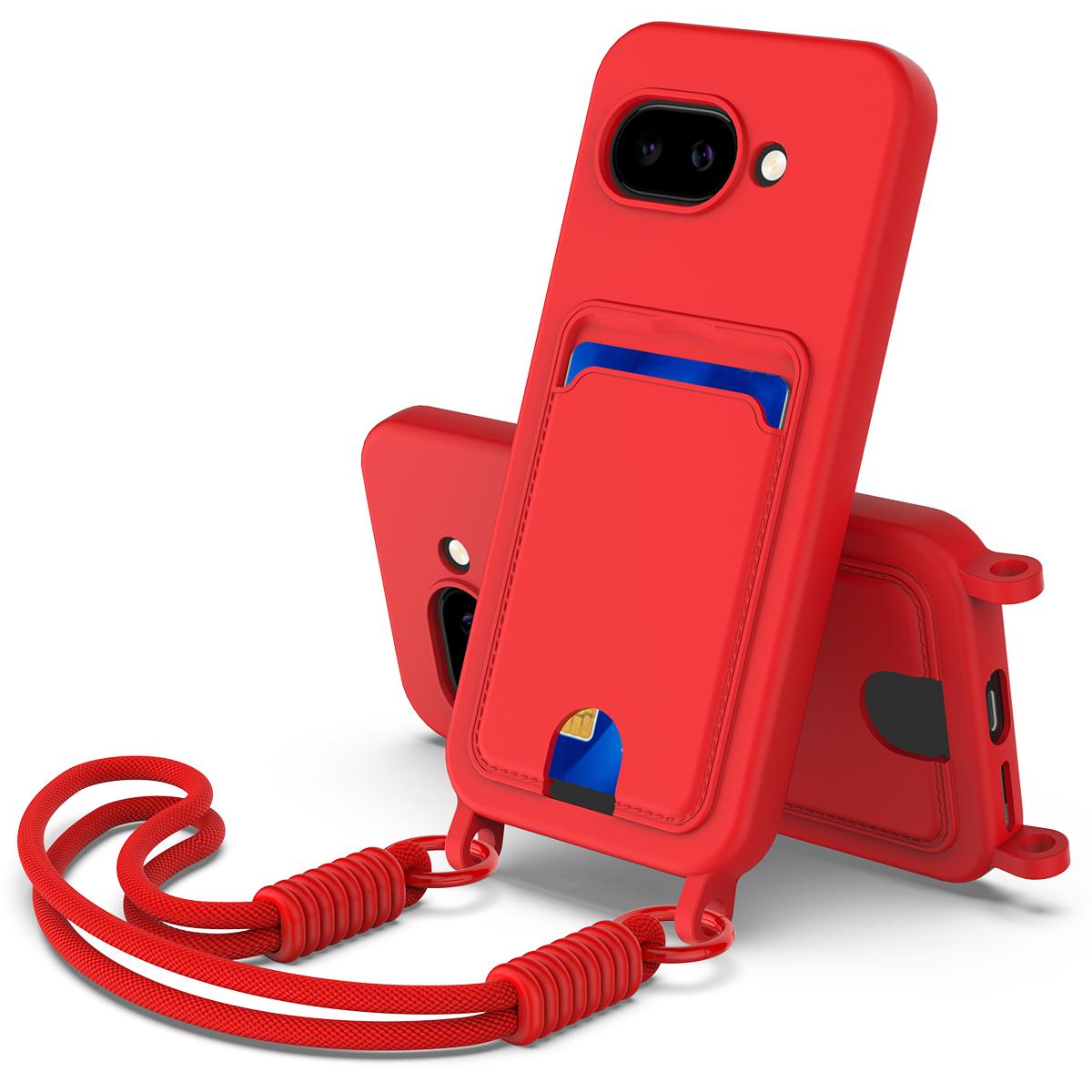 For Google Pixel 10a Liquid Silicone Case Phone Back Cover with Card Holder and Short Strap