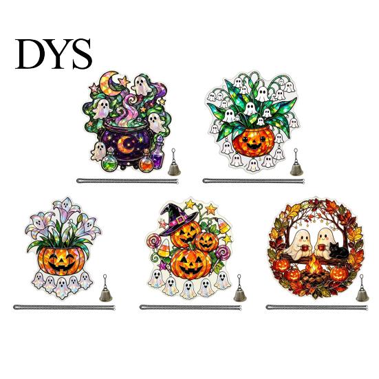 Festive Door Hangers Halloween Acrylic Pumpkin Hanging Decoration, Cartoon Ghost Ornament with Decorative Pendant Bell, Suncatcher Decor for