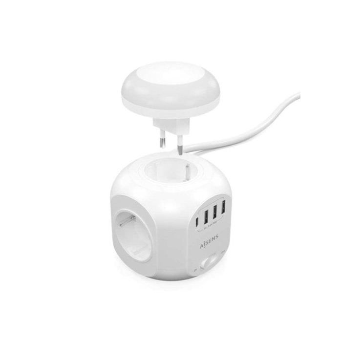 Aisens Regleta Multifunción con 4 Tomas Luz Nocturna 1.8m Blanco