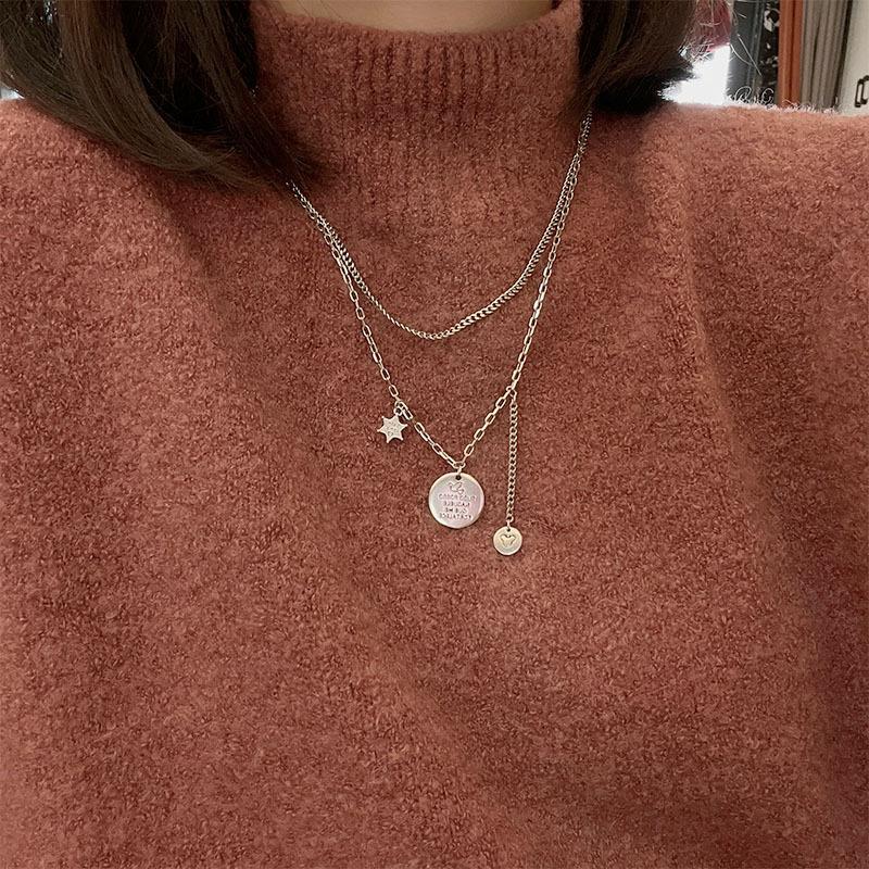 New In Early Spring, Simple Niche Double-Layer Chain, Versatile Round Brand Pendant, Five-Pointed Star Necklace, Women'S