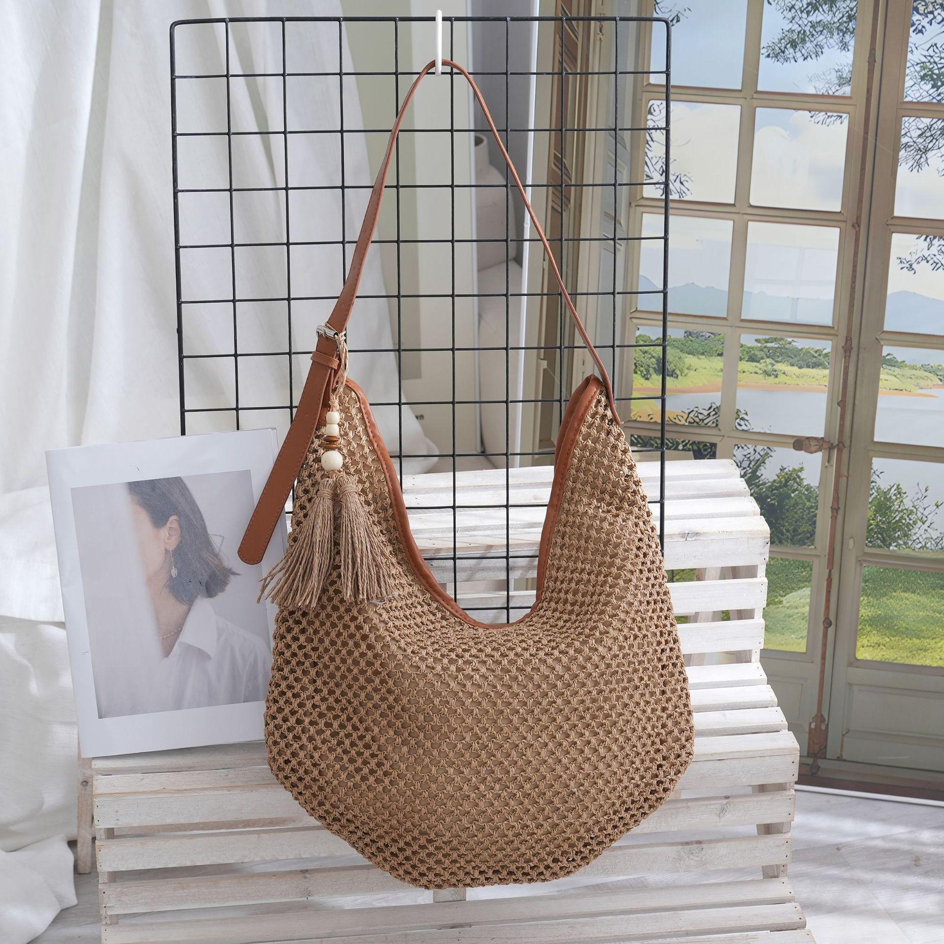 

Женская летняя плетеная пляжная сумка-ведро из соломы - Большая вместимость, Повседневная ажурная, На одно плечо или через плечо 42cm Length x 45cm Height x 20cm Strap хаки