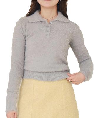 Titibait AEXP4165 Polo Collar Shaggy Free Gray Women's Knit, Size,