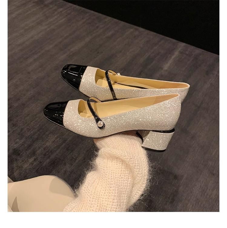 Grape Mother, the Same Style, Sparkling Sequins, Small Fragrant Style Square Head, One Word with Thick Heels, Mary Jane Shoes for Women, Medium Heels,