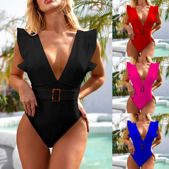 

Женское бикини сплошной цвет с оборками цельный тощий купальный костюм с высокой талией Монокини Купальники S чёрный