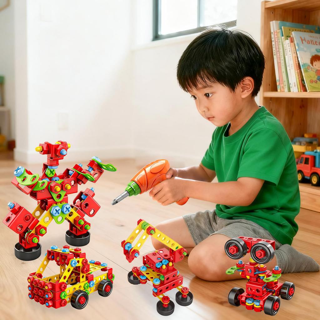 Blocks and Tool 288 Educational Toy with Screws and Electric DIY Pretend 3D Popular for Christmas Gift Play Carpenter's Set, Pieces, Drill, Play, Car,