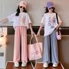 Summer Spring Teenager Clothes Children Set Loose Bear Short White T-shirt + Straight Pant Suit Tracksuit 5 To 12 Year