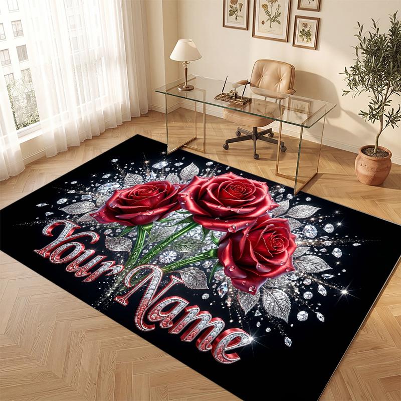 Floral Garden Theme Soft Crystal Velvet Rug Custom Name & Text Print Non Slip Floor Rug for Bedroom Living Room