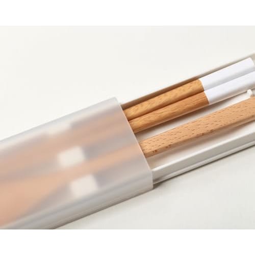 Ansio Silent Antibakterielles Essstäbchen- und Löffelset, 18cm, mit Ausziehdeckel und Essstäbchenetui, Naturholz, Sandweiß, Spülmaschinenfest, Hergestellt in Ja